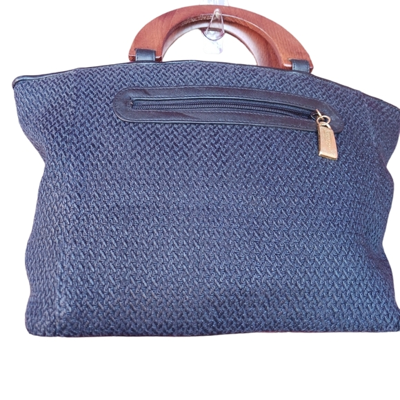 Vtg Women SUSANGAIL BL& brow wood/woven Handbag 10"x16" - Picture 2 of 13